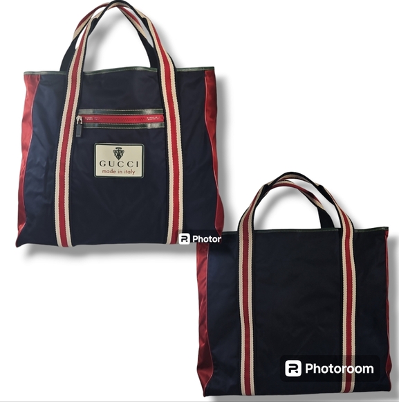 Gucci Vintage Nylon Tote Bag Blue Red Cream NWOT - Picture 7 of 14